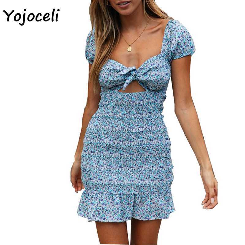Yojoceli chic green floral print dres shirred bodycon mini boho beach ruffle 210609
