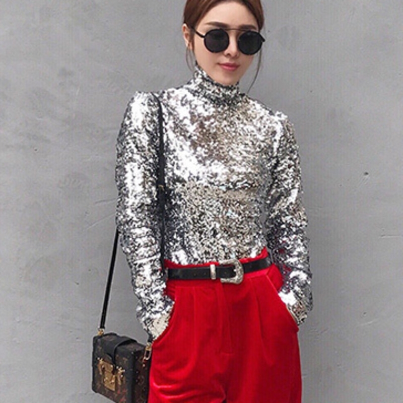 DEAT New Spring Fashion Women Turtleneck Full Sleeves Sequins Slim Tshirt Femael Sliver Brling Top WC83910S T200110