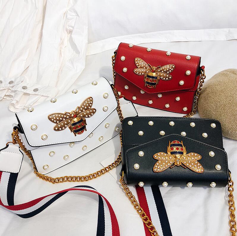 wholesale womens handbag exquisite diamond chain bag sweet lady Pearl decoration women shoulder bags striped wide shoulders strap fashion handbags