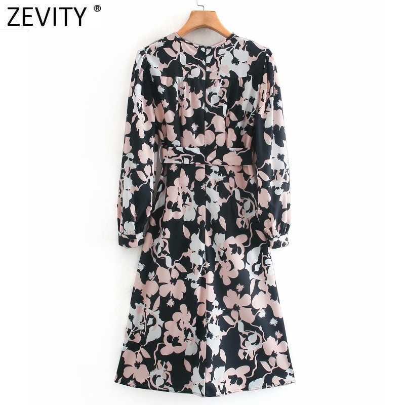 Zevity Women Vintage O Neck Flower Print Bow Tied Sashes Casual Slim Midi Dress Office Lady Long Sleeve Chic Vestido DS4810 210603