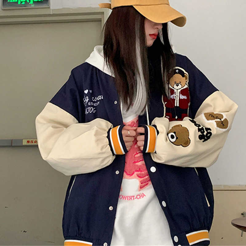 Vintage Bear Letters Baseball Jacket Coat Women Oversized Outerwear Harajuku Korean Style Loose Jacket Students Girls 220118