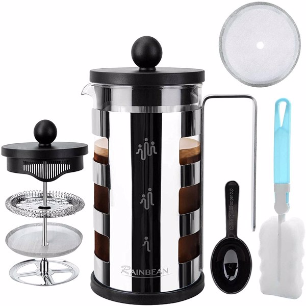 Bar Products Medium French Press Coffee Maker 21 oz, Small Stainless Steel 600 ml, 100% BPA Free Glass with Spoon and Brush,silver
