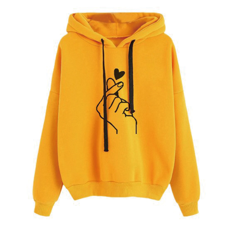 QRWR Autumn Women Sweatshirt Fashion Love Heart Finger Printed Casual Long Sleeve Hoodies Loose Solid Color Sweatshirt 201102
