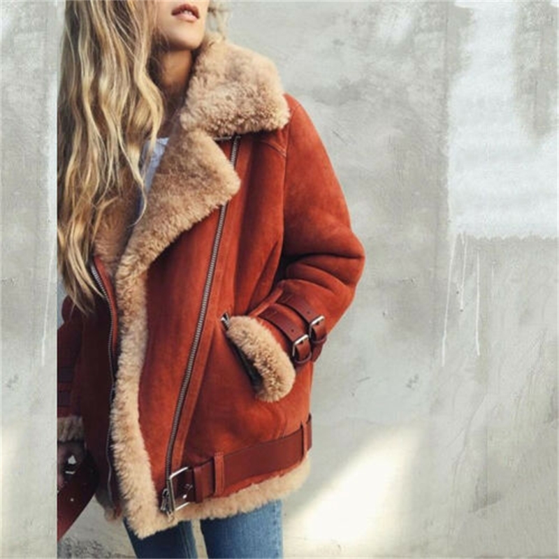 FallWinter Women Coat Warm Deerskin Cashmere Zipper Turn Down Collar Jacket Fashion Female Long Sleeve Streewear Coat Jacket T200111