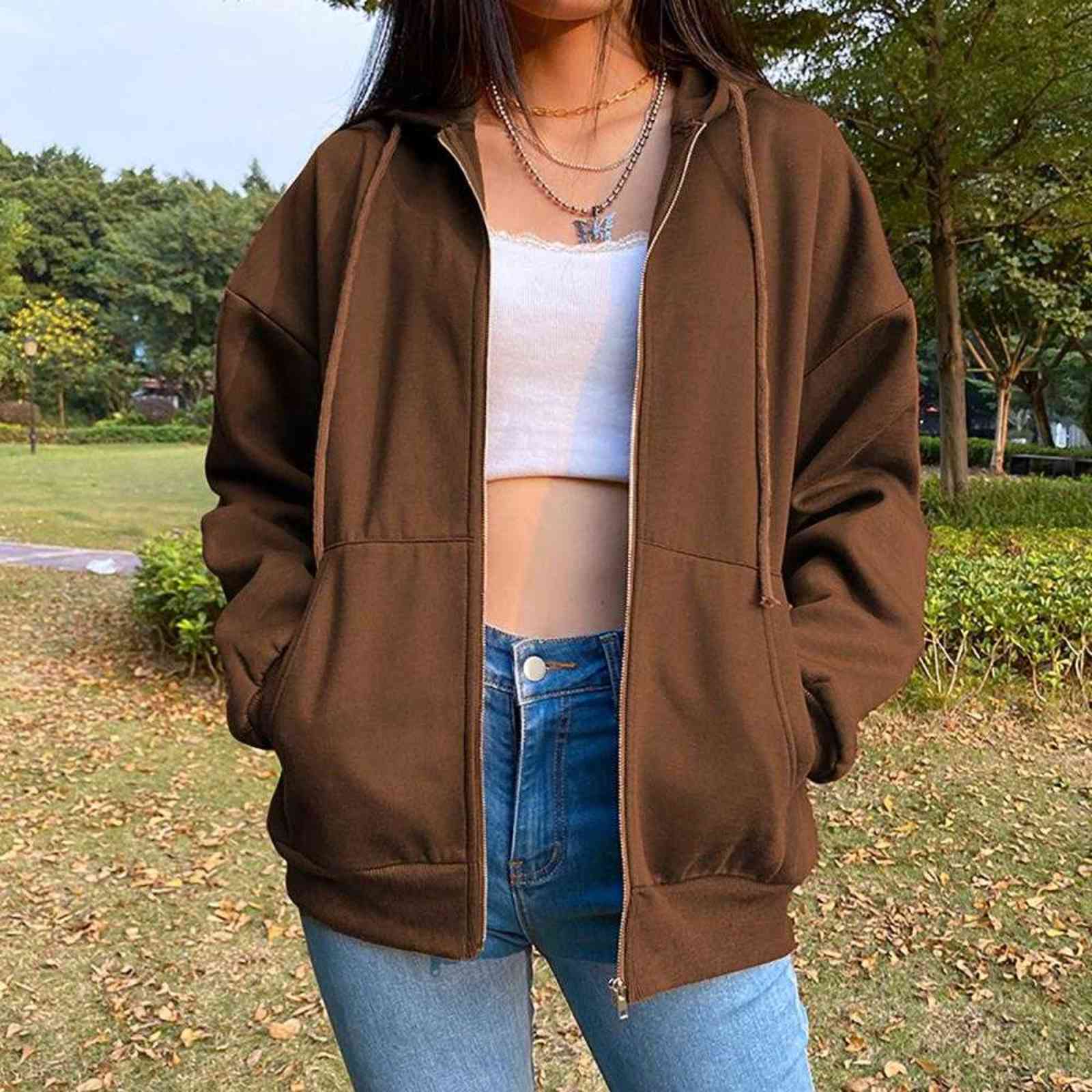 Brown Zip Up Hooded Sweatshirt Women Vintage Pocket Oversized Jacket Tops Autumn Clothes Female Y2K Aesthetic Long Sleeve Hoodie 211108, Dark brown
Brown Zip Up Hooded Sweatshirt Women Vintage Pocket Oversized Jacket Tops Autumn Clothes Female Y2K Aesthetic Long Sleeve Hoodie 211108, Dark brown