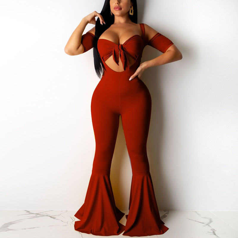 Women Sexy Summer Fall 2 Pieces Outfits Off Shoulder Tie Front Tube Top and Suspender Overalls Pants Boho Beach Partywear T200603