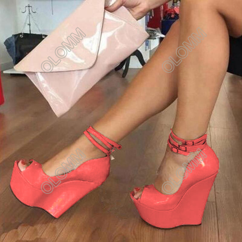 Rontic 2021 Handmade Women Platform Shiny Pumps Wedges High Heels Peep Toe Gorgeous 7 Colors Dress Shoes Women Plus US Size 5-20