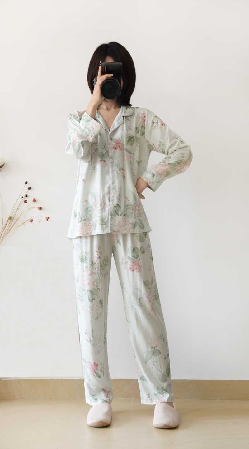 Japanese style spring and summer women's pajamas cotton silk long-sleeved trousers suit flower printing home service suit 210924