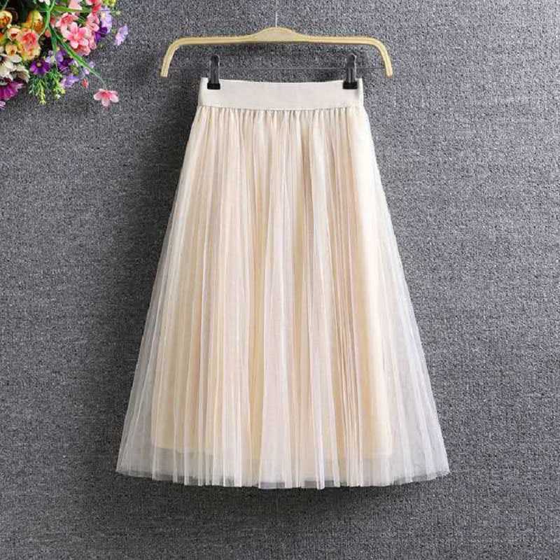 Ladies Vintage Summer Skirts Womens Casual Elastic High Waist Elegant Sexy Midi Pleated Mesh Tutu Women Tulle Female 210619