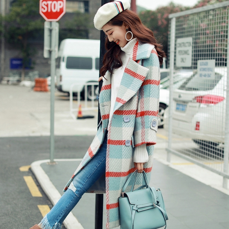 Plaid Coat Women's Clothing Autumn Damesjas Winter Wool Jacket Long Oversized Coats Blend Woolen Warm Female Outerwear 210218