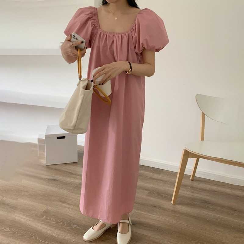 Korejpaa Women Dress Summer Korean Chic Square Neck Open Back Pleated Loose and Versatile Bubble Sleeve Dress Long Vestido 210526