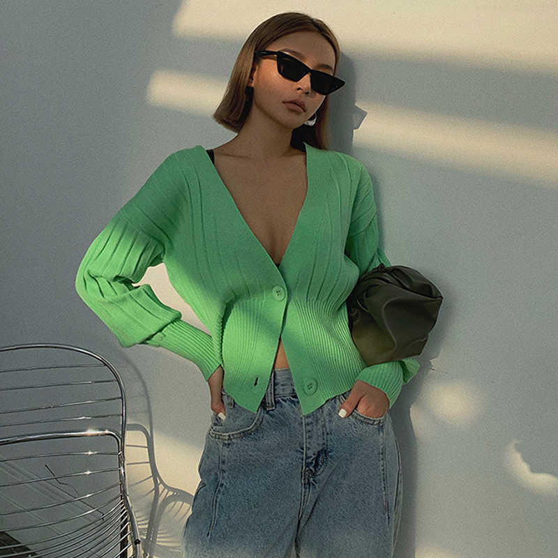 DGLUKE Fashion Knitted Cropped Cardigan Sweater V-Neck Long Sleeve Buttons Jumper Knitwear Spring Autumn Short Jacket Green 210812