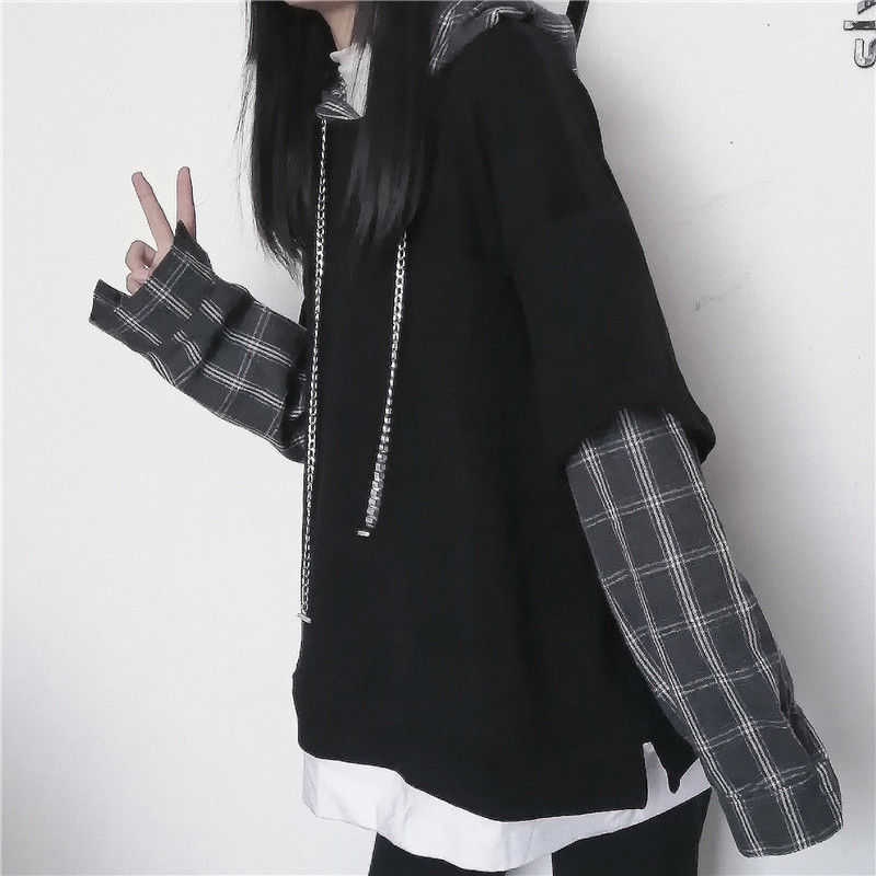 Deeptown Striped Sweatshirt for Women Black Gothic Style Hoodie Patchwork Grunge Long Sleeve Plaid Pullovers Korean Fashion 210910