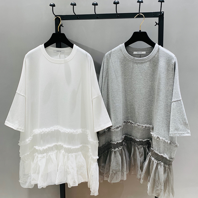 [EWQ] Spring Sweet T-shirt Mesh Stitching Top Student Plus Size Short Sleeved Summer T Shirt Oversize Pullover Shirts Black 210306