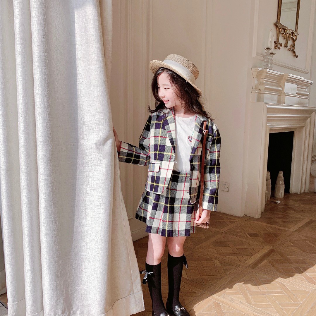 Preppy Style Kids Girls Set 2021 spring Baby jacket with skirt 2pcs/suits tops