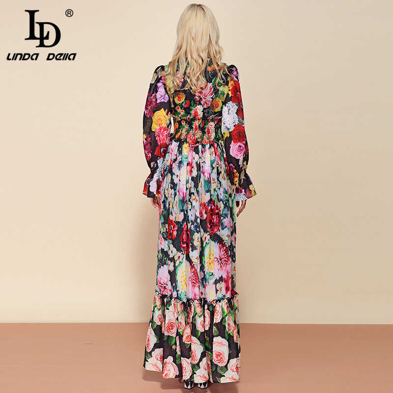 LD LINDA DELLA Fashion Runway Summer Long Sleeve Maxi Dres's elastic Waist Floral Print Elegant Party Holiday 210623