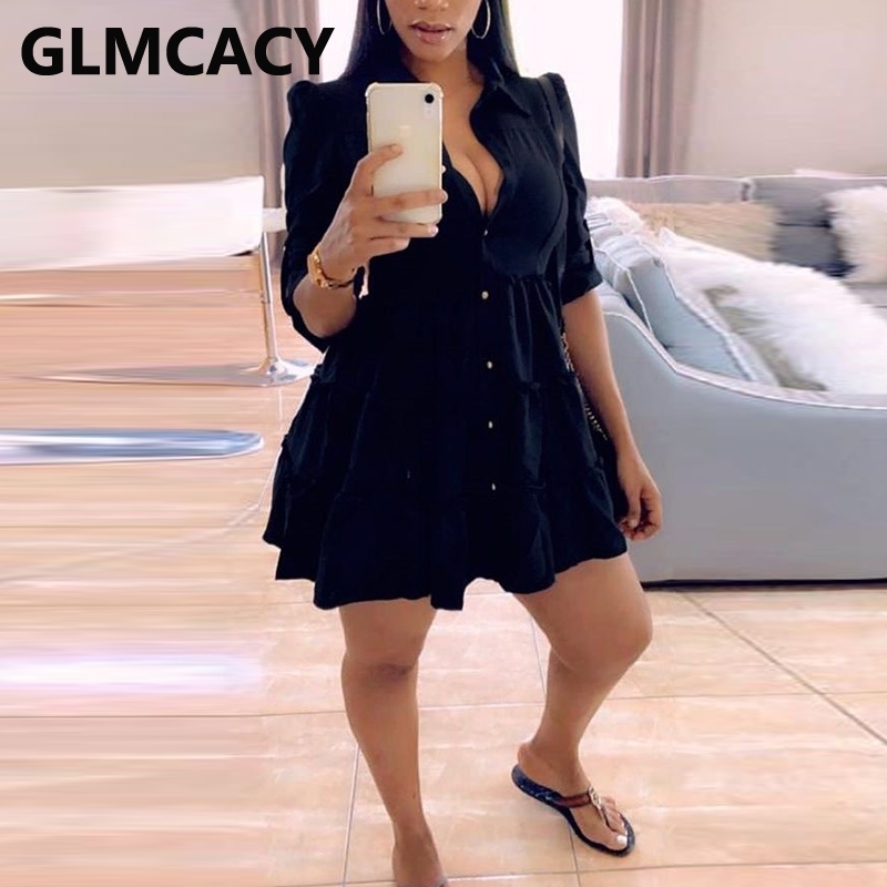 Women Elegant Solid Shirt Dress Button Down OL Mini Dresses 210702