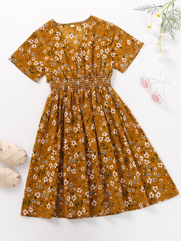 Girls Allover Floral Print Shirred Dress SHE