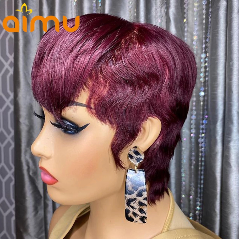 150% Pixie Short Bob Cut Blunt None Lace Front Human Hair Wigs With For Black Women Straight Remy Black /Bury Red /Ombre Blonde Colorwig