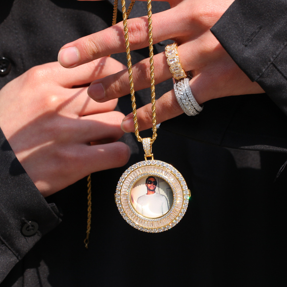 Customize Round Memorial Photo Pendant Necklace with Bling Diamond Stone Zircon Men Women Lover Gift Couple Pendants