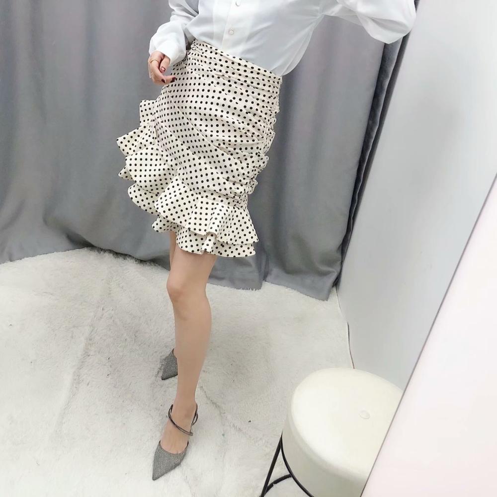 women vanilla polka dot Highwaisted mini skirt Ruching detail Ruffled hem Back hidden inseam zip closure skirt 210306