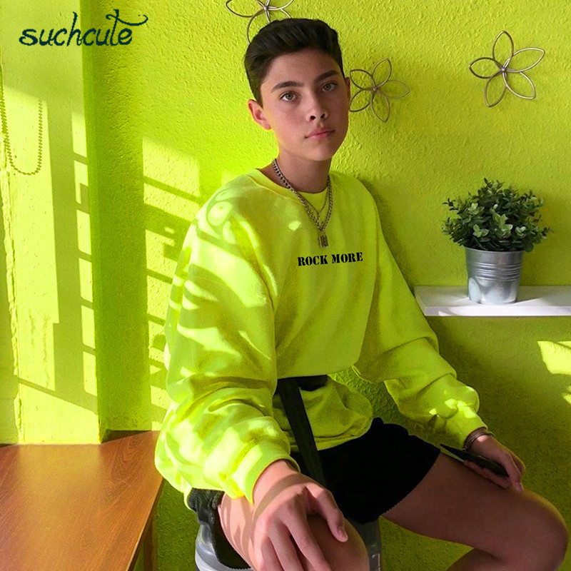 SUCHCUTE Women's Hoodies Neon Green Casual Lose Weight Hoody Top Sudadera Mujer Kpop O-Neck Autumn Female Gothic Sweatshirt 201212
