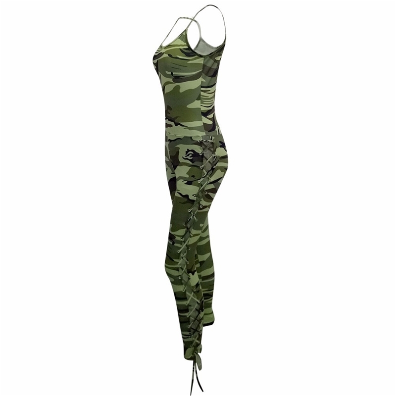 Straps Camouflage Print Side Lace UP Skinny Jumpsuits Overalls Summer Women Fashion Casual Bodycon Bandage Sexy Rompers T200509