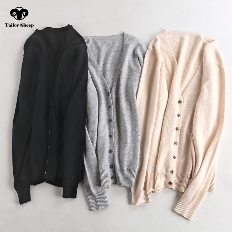 Star buckle 100% cashmere cardigan women thin coat short section autumn v-neck collar long sleeve sweater female outwear 210218