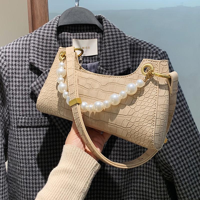 Crocodile pattern Pearl Tote Armpit Bag 2021 Fashion New Quality PU Leather Women Designer Handbag Travel Shoulder bag Purses, Chain khaki 
Crocodile pattern Pearl Tote Armpit Bag 2021 Fashion New Quality PU Leather Women Designer Handbag Travel Shoulder bag Purses, Chain khaki