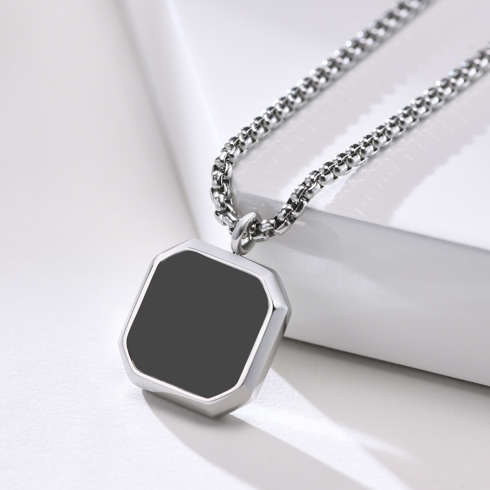 Stainless Steel Epoxy Black Enamel Square Pendant Men's Sweater Necklace Rolo Chain 3mm 24 Inch for XMAS Gifts
Stainless Steel Epoxy Black Enamel Square Pendant Men's Sweater Necklace Rolo Chain 3mm 24 Inch for XMAS Gifts