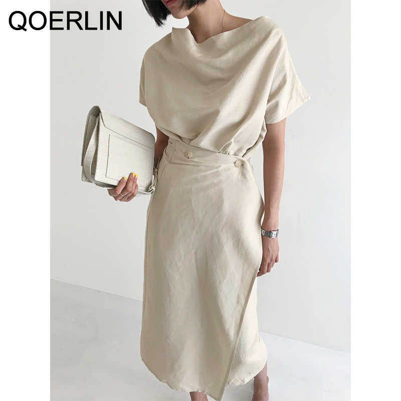 Irregular Midi Dress Women High Waist Sweet Vestidos Pleated Button Office Lady Elegance Summer OL Long 210601