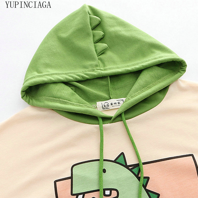 Women Dinosaur Sweatshirts With Horns Sweet Style Short Sleeve Cotton Hoodies Girls Green Hoodie Print Hooded Harajuku Pullovers LJ200808