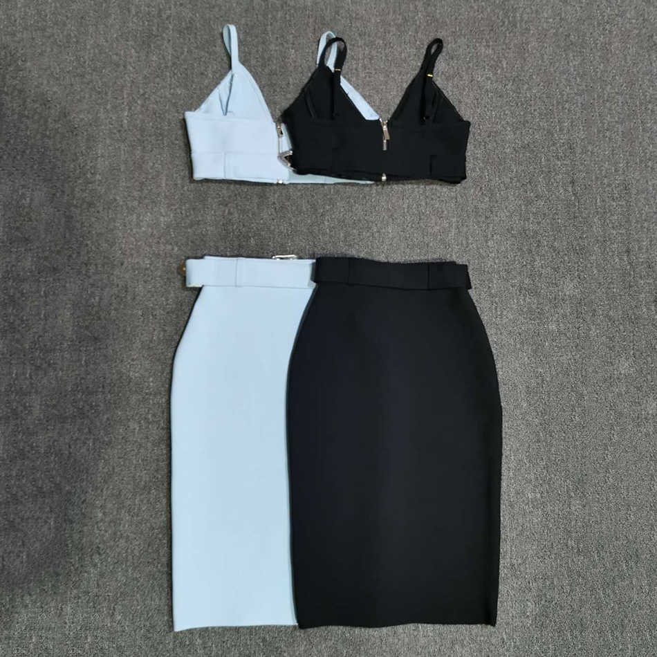 Summer Celebrity Black And White Belt Two-Piece Women'S Bodycon Rayon Bandage Elegant Club Party Sexy Suit Vestidos 210527