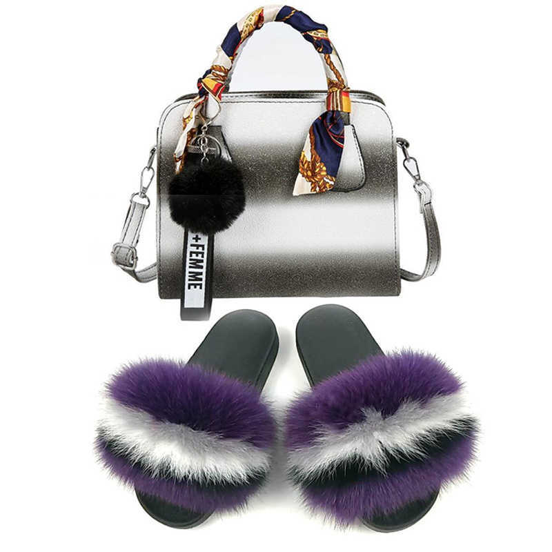Women Shoes Real Fur Slides and Jelly Purse Set Exquisite Handbag ry Sandals Ladies Party Big with Bags 2107122