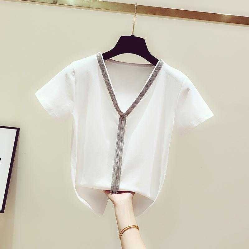 SuperAen Spring Summer Fashion Tassel Chain Patchwork V-neck Short Sleeve O Neck T-shirt Women's Casual Slim Top 210615