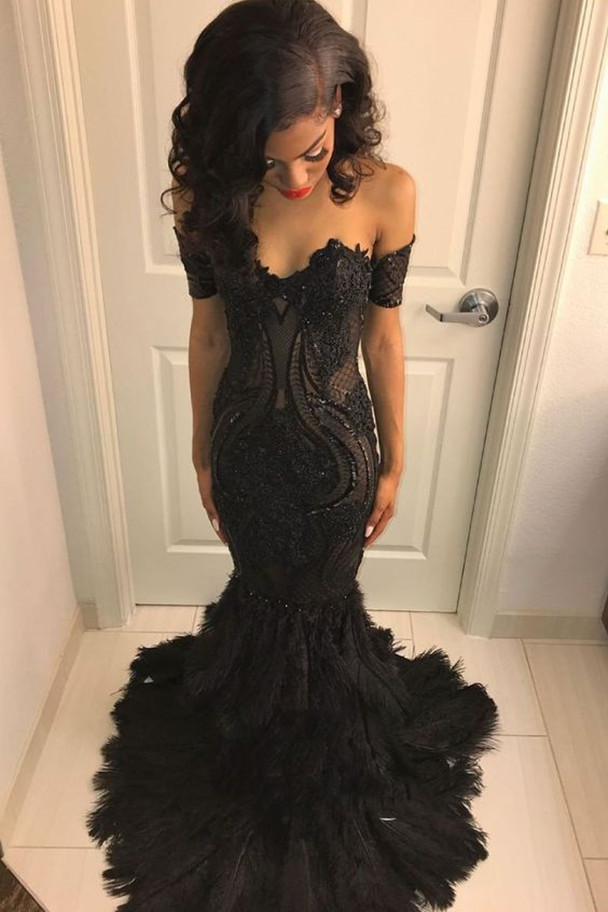 2021 Plus Size Arabic Aso Ebi Black Mermaid Luxurious Prom Dresses Lace Feather Sheer Neck Evening Formal Party Second Reception Gowns Dress ZJ395