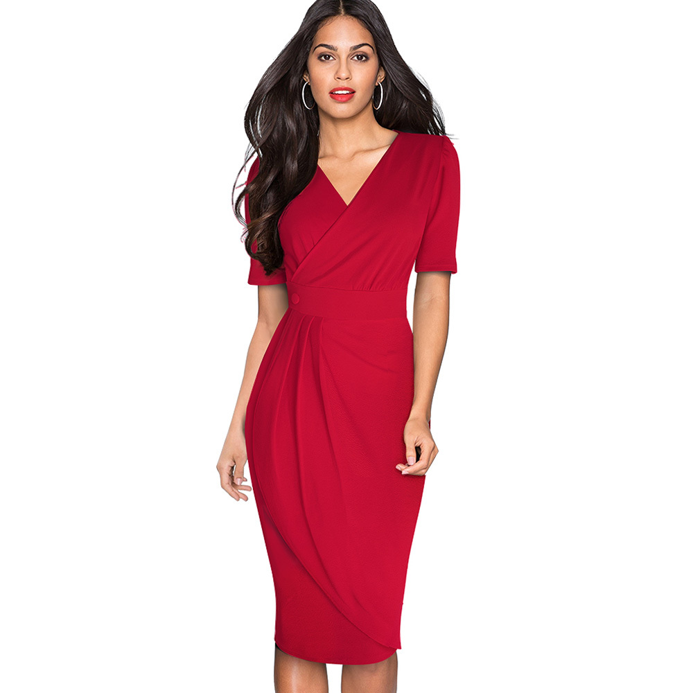 Nice-forever Elegant Pure Color with Button Office Work vestidos Business Party Slim Bodycon Women Pencil Dress B583 210224