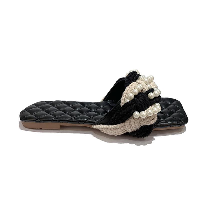 Sandals 2021 Fashion Women Summer Straw Twisted Rope Pearl Slippers Flat Black Diamond Comfortable Female Dress Slides