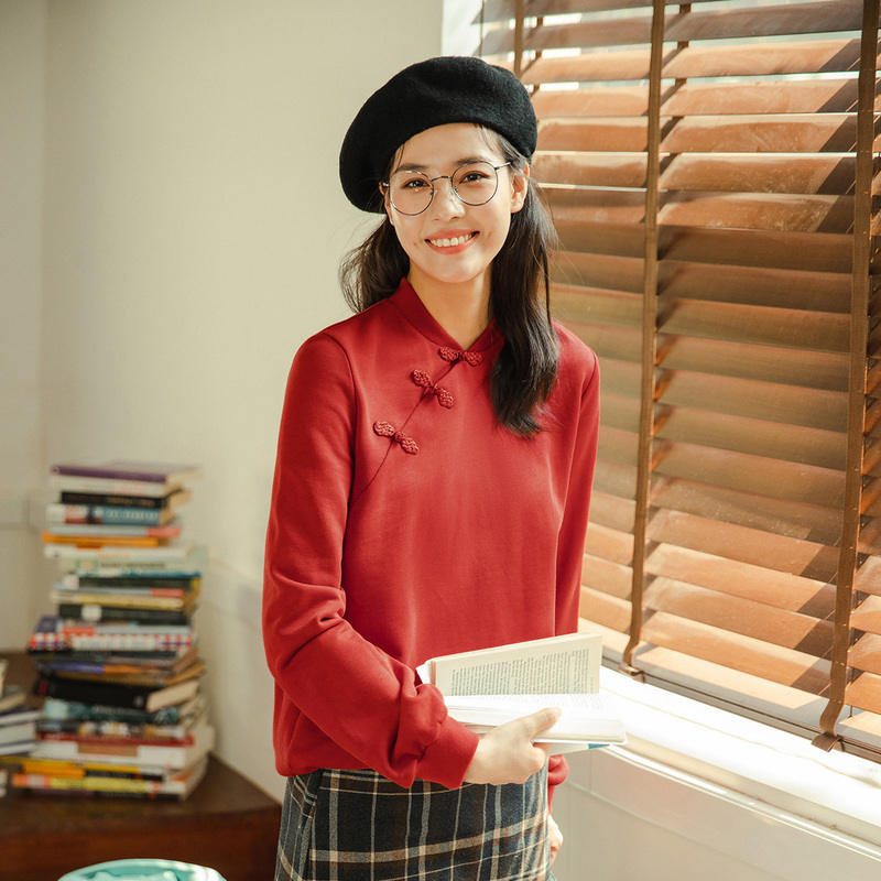 INMAN Chinese Style Winter Qi-Pao Collar Elegant Cotton Pullover Sweatshirt 201216
