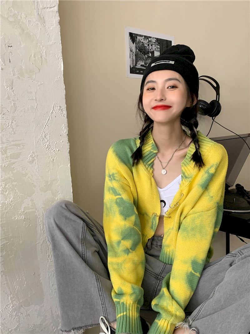 sweaters women cardi autumn winter avocado green knitted cardigan women's short clavicle shirt tie-dye sweater pullover thin 210526