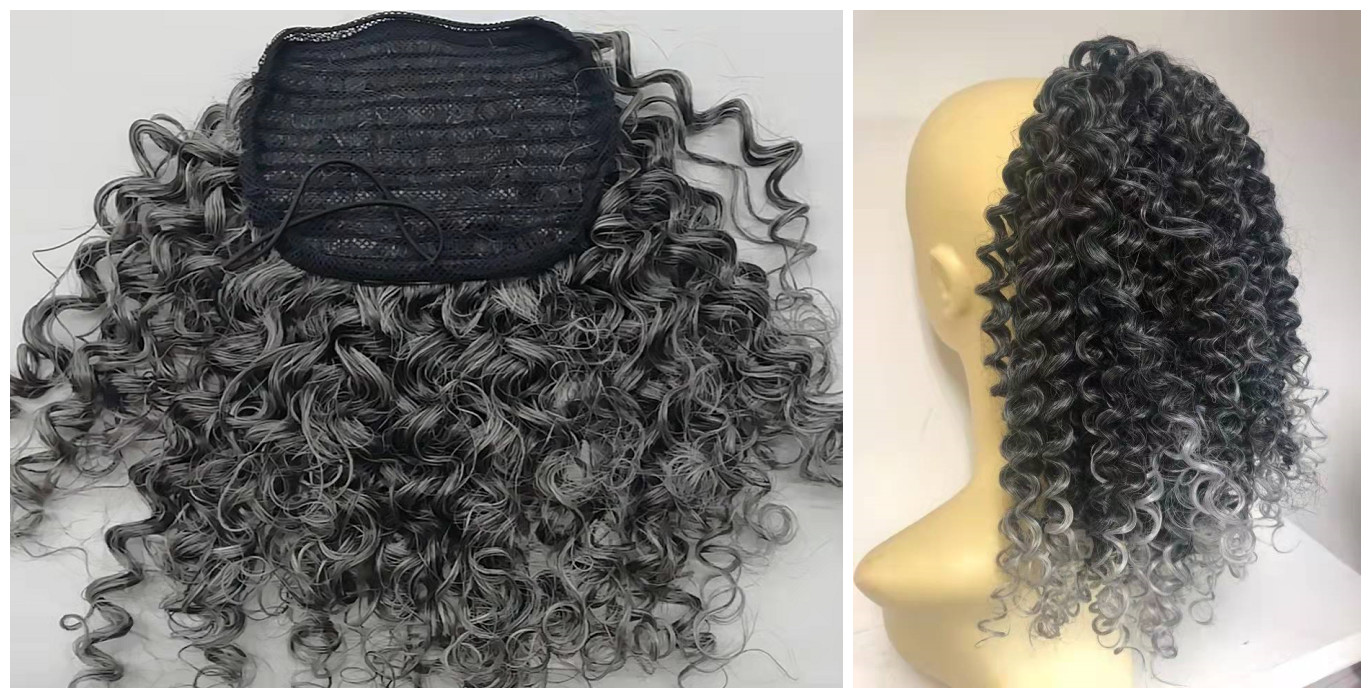 Gray Drawstring ponytail Authentic large dark grey ombre silver tips deep curl human extensions easy to fit with a elastic hair tie for most people 12