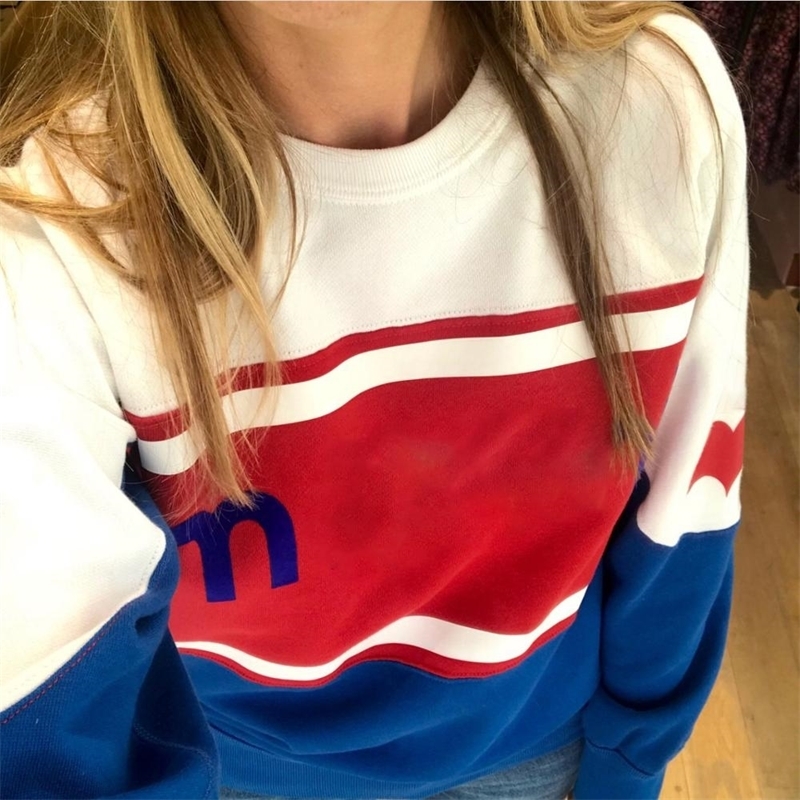 Contrast color women sweatshirt flock print long sleeve oneck casual wild lady pullover tops 201204