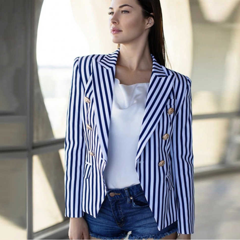 Summer High Quality Long Sleeves Classic Stripe Fitted Suit Double Breasted Metal Lion Head Buckle Blazer 210525