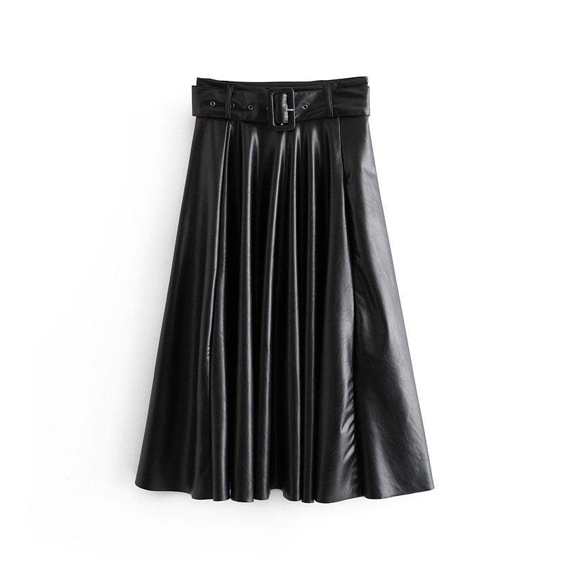 Aachoae Faux Leather Skirt Women Elegant Tie Belt High Waist Long Pleated Skirts Vintage A-line Midi Skirt Spring 210309