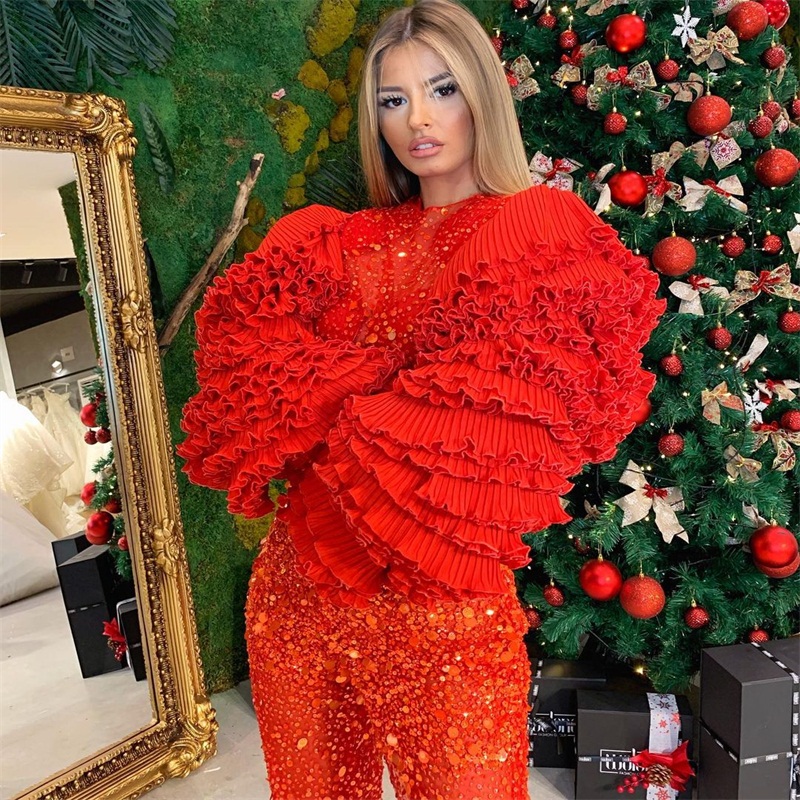 Two Pieces Fashion Evening Dresses Glitter Sequins Ruffles Long Sleeves Prom Gowns Custom Made Plus Size Robe de mariée