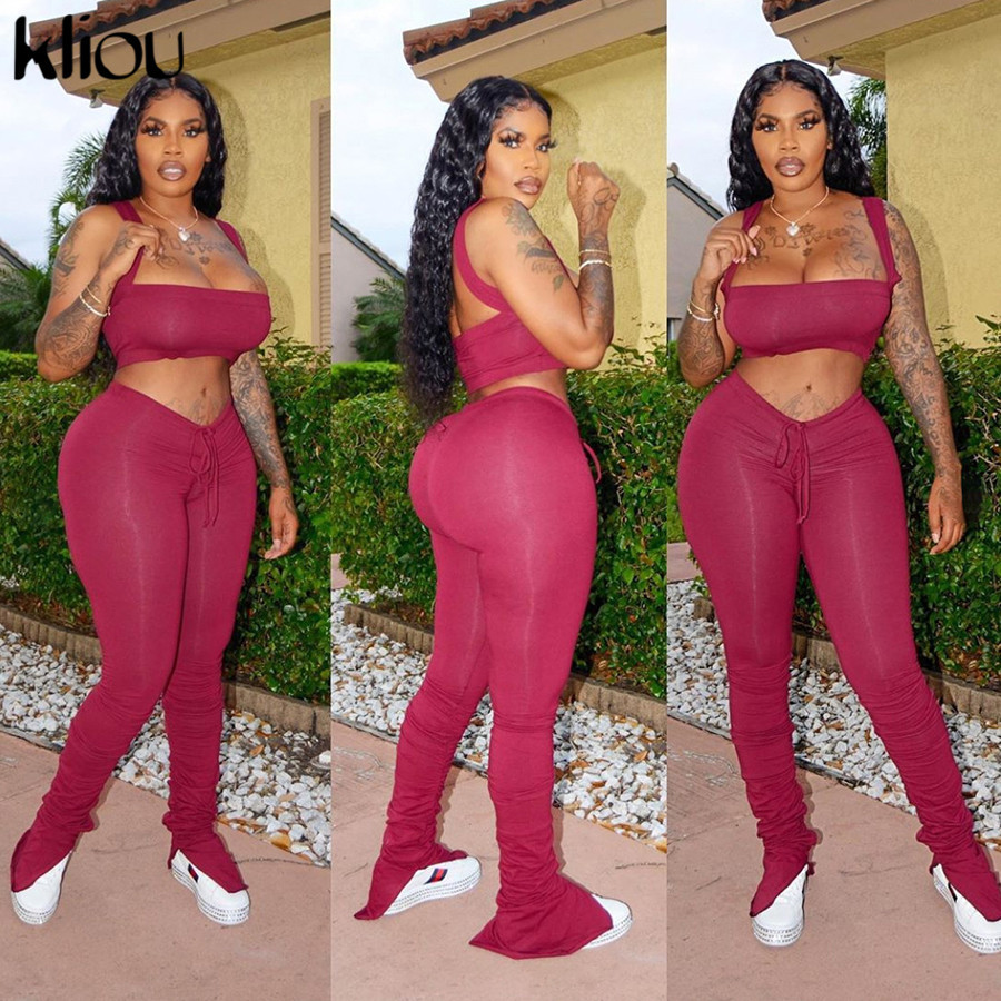 Kliou tracksuit women fitness slash nec camisole crop topstacked pants elastic hight summer activewear casual outfit 210302