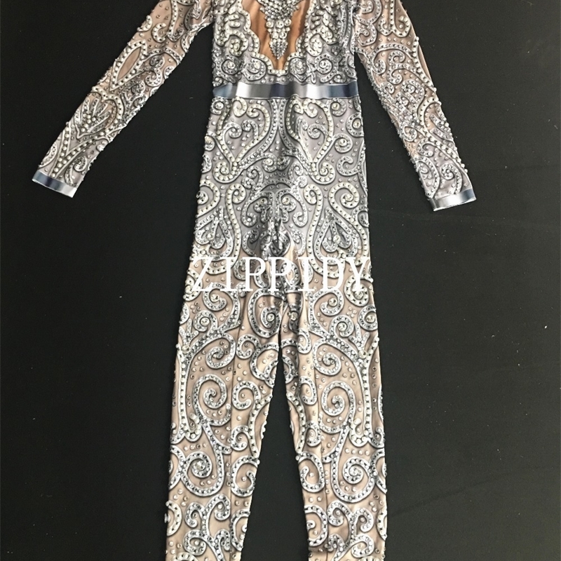 Fashion Pearls Rhinestones Bodysuit Big Stretch Sexy Jumpsuit Stage Birthday Evening Party Celebrate Singer Dance outfit T200303