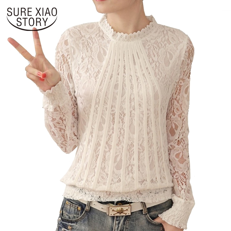 New Fashion Women Blouses White lace Blouse shirt plus size tops Long Sleeve O-neck Casual Lady Blouses Lace tops 61C 25 210225