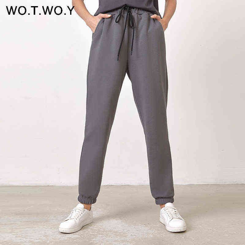 WOTWOY Winter High Waist Fleece Pencil Pants Women Solid Drawstring Thick Trousers Casual Cotton Stacked Sweatpants Femme 211115