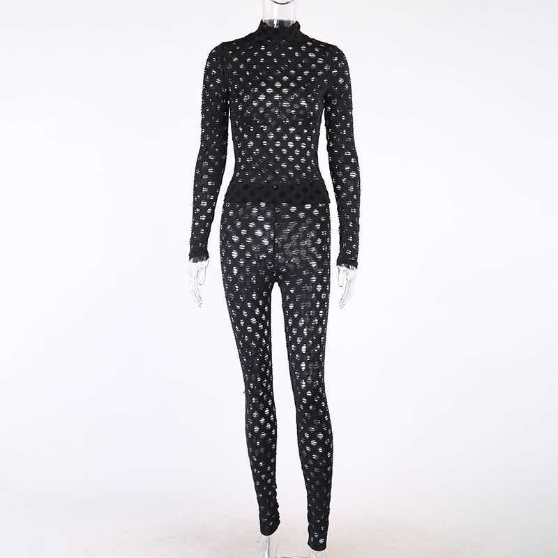 ANJAMANOR Sexy Two Piece Outfits Clubwear Hollow Out Hole Top and Pants 2 Peice Set Women Matching Sets Sweat Suits D66-CE30 Y0625